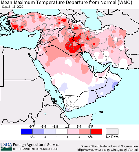 Middle East and Turkey Mean Maximum Temperature Departure from Normal (WMO) Thematic Map For 9/5/2022 - 9/11/2022