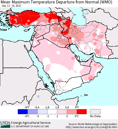 Middle East and Turkey Mean Maximum Temperature Departure from Normal (WMO) Thematic Map For 9/12/2022 - 9/18/2022