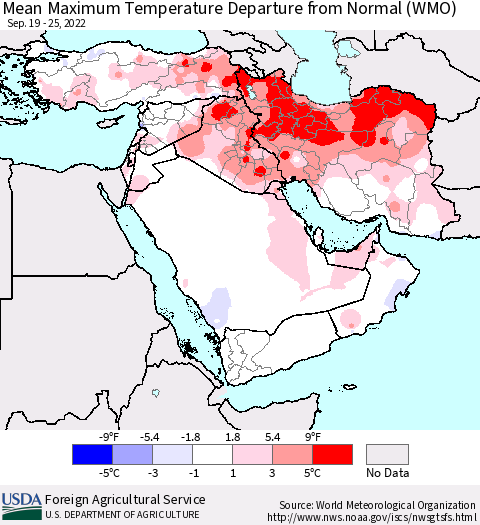Middle East and Turkey Mean Maximum Temperature Departure from Normal (WMO) Thematic Map For 9/19/2022 - 9/25/2022