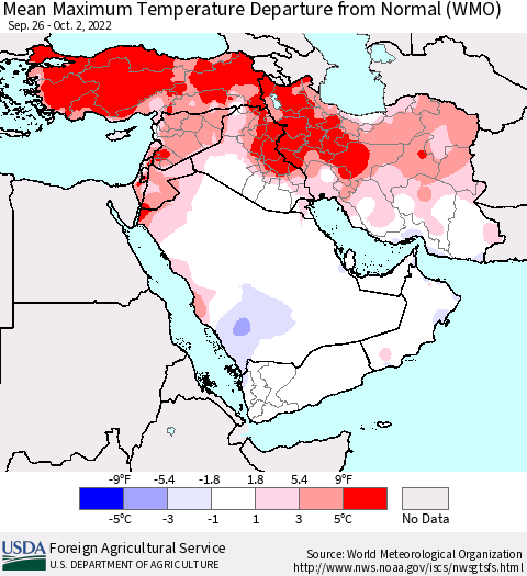 Middle East and Turkey Mean Maximum Temperature Departure from Normal (WMO) Thematic Map For 9/26/2022 - 10/2/2022