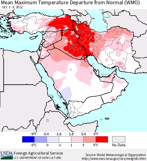 Middle East and Turkey Mean Maximum Temperature Departure from Normal (WMO) Thematic Map For 10/3/2022 - 10/9/2022