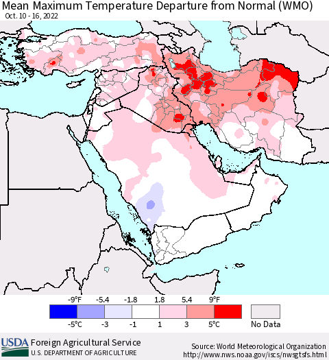 Middle East and Turkey Mean Maximum Temperature Departure from Normal (WMO) Thematic Map For 10/10/2022 - 10/16/2022