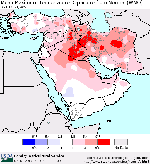 Middle East and Turkey Mean Maximum Temperature Departure from Normal (WMO) Thematic Map For 10/17/2022 - 10/23/2022