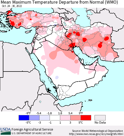 Middle East and Turkey Mean Maximum Temperature Departure from Normal (WMO) Thematic Map For 10/24/2022 - 10/30/2022