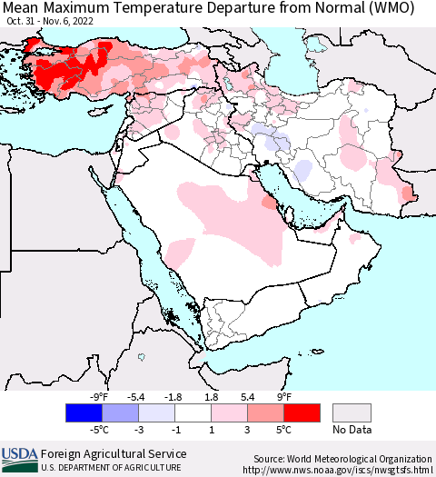 Middle East and Turkey Mean Maximum Temperature Departure from Normal (WMO) Thematic Map For 10/31/2022 - 11/6/2022