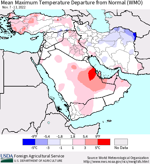 Middle East and Turkey Mean Maximum Temperature Departure from Normal (WMO) Thematic Map For 11/7/2022 - 11/13/2022