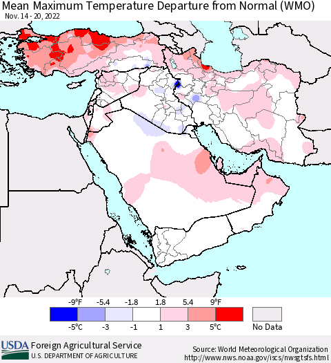 Middle East and Turkey Mean Maximum Temperature Departure from Normal (WMO) Thematic Map For 11/14/2022 - 11/20/2022