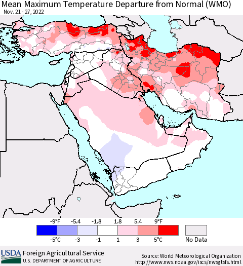 Middle East and Turkey Mean Maximum Temperature Departure from Normal (WMO) Thematic Map For 11/21/2022 - 11/27/2022