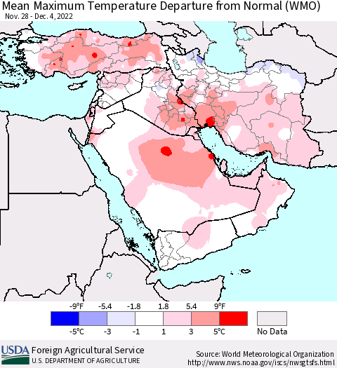 Middle East and Turkey Mean Maximum Temperature Departure from Normal (WMO) Thematic Map For 11/28/2022 - 12/4/2022