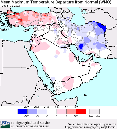 Middle East and Turkey Mean Maximum Temperature Departure from Normal (WMO) Thematic Map For 12/5/2022 - 12/11/2022