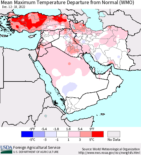 Middle East and Turkey Mean Maximum Temperature Departure from Normal (WMO) Thematic Map For 12/12/2022 - 12/18/2022