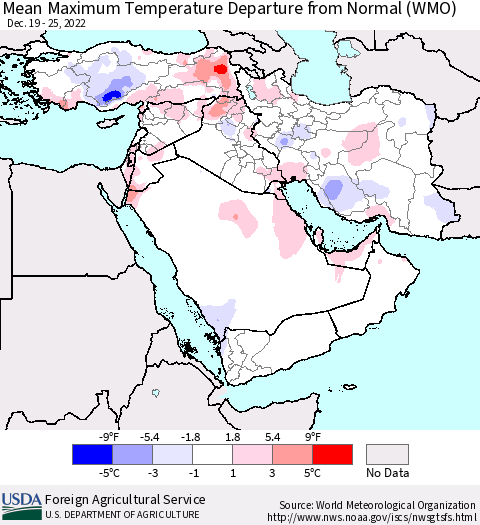 Middle East and Turkey Mean Maximum Temperature Departure from Normal (WMO) Thematic Map For 12/19/2022 - 12/25/2022