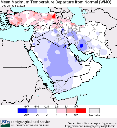 Middle East and Turkey Mean Maximum Temperature Departure from Normal (WMO) Thematic Map For 12/26/2022 - 1/1/2023