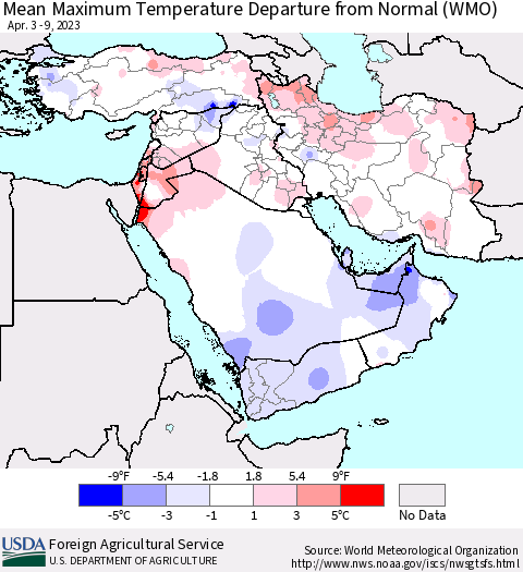 Middle East and Turkey Mean Maximum Temperature Departure from Normal (WMO) Thematic Map For 4/3/2023 - 4/9/2023