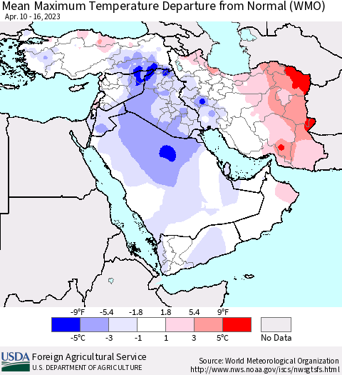 Middle East and Turkey Mean Maximum Temperature Departure from Normal (WMO) Thematic Map For 4/10/2023 - 4/16/2023