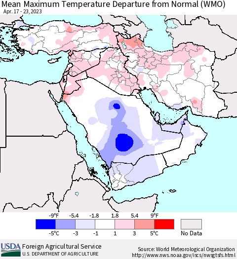 Middle East and Turkey Mean Maximum Temperature Departure from Normal (WMO) Thematic Map For 4/17/2023 - 4/23/2023