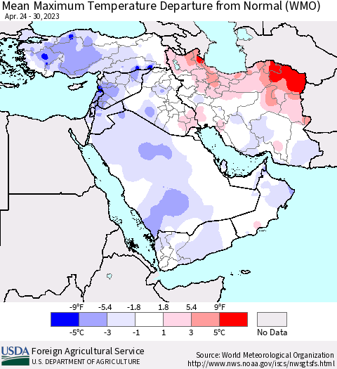 Middle East and Turkey Mean Maximum Temperature Departure from Normal (WMO) Thematic Map For 4/24/2023 - 4/30/2023