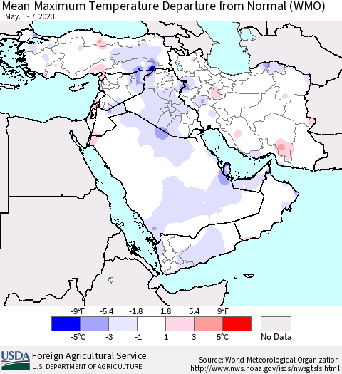 Middle East and Turkey Mean Maximum Temperature Departure from Normal (WMO) Thematic Map For 5/1/2023 - 5/7/2023