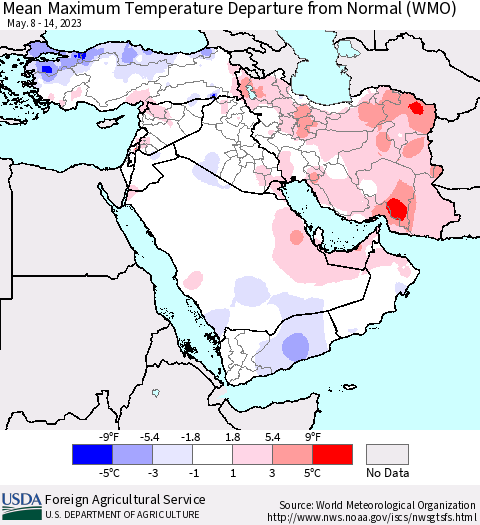 Middle East and Turkey Mean Maximum Temperature Departure from Normal (WMO) Thematic Map For 5/8/2023 - 5/14/2023