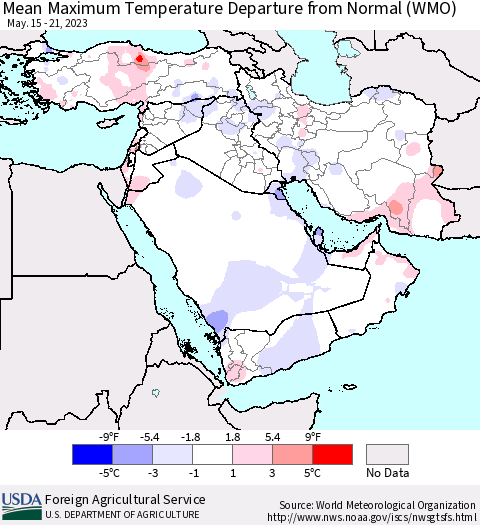 Middle East and Turkey Mean Maximum Temperature Departure from Normal (WMO) Thematic Map For 5/15/2023 - 5/21/2023