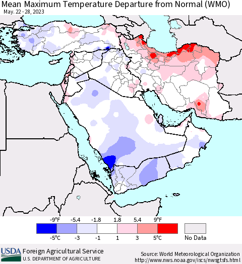 Middle East and Turkey Mean Maximum Temperature Departure from Normal (WMO) Thematic Map For 5/22/2023 - 5/28/2023