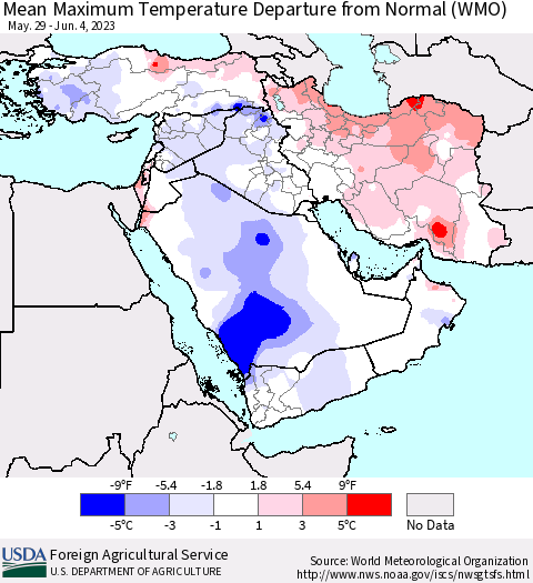 Middle East and Turkey Mean Maximum Temperature Departure from Normal (WMO) Thematic Map For 5/29/2023 - 6/4/2023