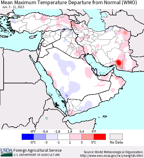 Middle East and Turkey Mean Maximum Temperature Departure from Normal (WMO) Thematic Map For 6/5/2023 - 6/11/2023