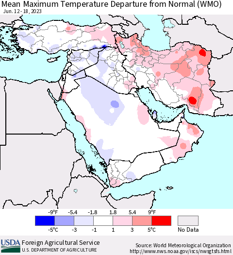 Middle East and Turkey Mean Maximum Temperature Departure from Normal (WMO) Thematic Map For 6/12/2023 - 6/18/2023
