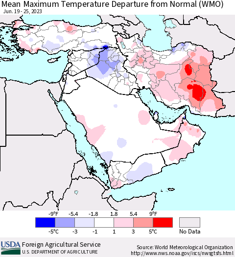 Middle East and Turkey Mean Maximum Temperature Departure from Normal (WMO) Thematic Map For 6/19/2023 - 6/25/2023