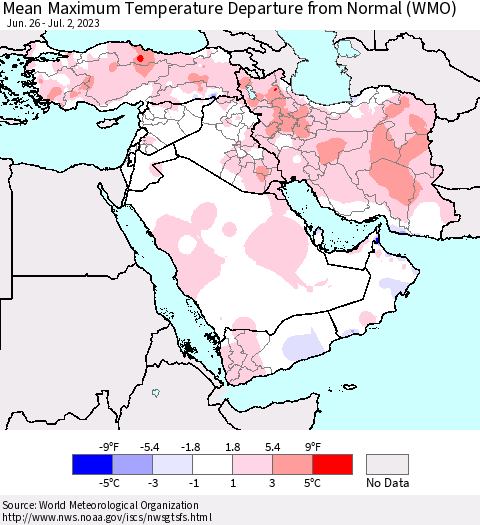 Middle East and Turkey Mean Maximum Temperature Departure from Normal (WMO) Thematic Map For 6/26/2023 - 7/2/2023