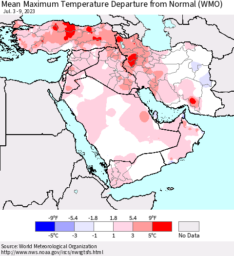 Middle East and Turkey Mean Maximum Temperature Departure from Normal (WMO) Thematic Map For 7/3/2023 - 7/9/2023