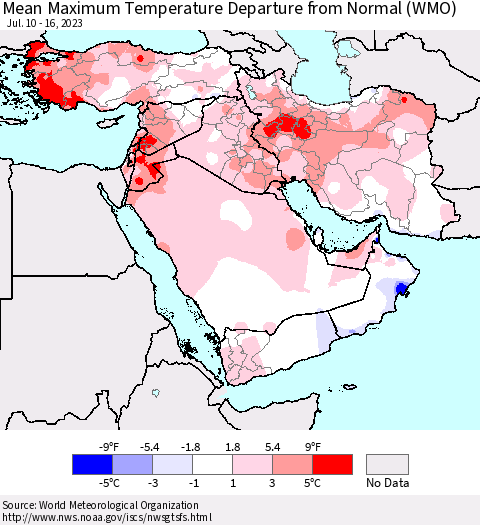 Middle East and Turkey Mean Maximum Temperature Departure from Normal (WMO) Thematic Map For 7/10/2023 - 7/16/2023