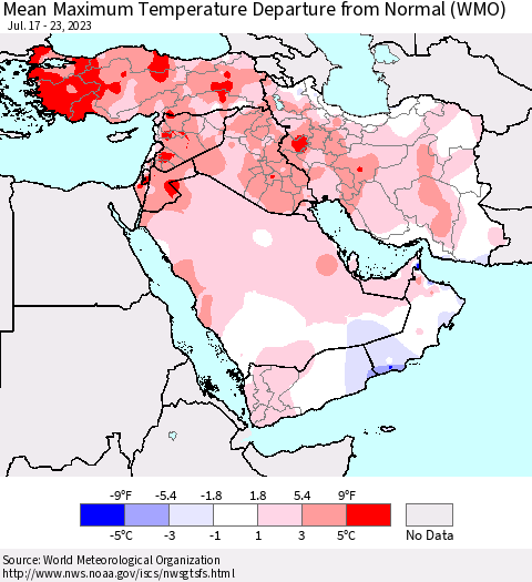 Middle East and Turkey Mean Maximum Temperature Departure from Normal (WMO) Thematic Map For 7/17/2023 - 7/23/2023