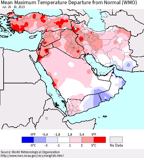 Middle East and Turkey Mean Maximum Temperature Departure from Normal (WMO) Thematic Map For 7/24/2023 - 7/30/2023