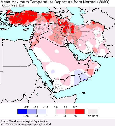 Middle East and Turkey Mean Maximum Temperature Departure from Normal (WMO) Thematic Map For 7/31/2023 - 8/6/2023