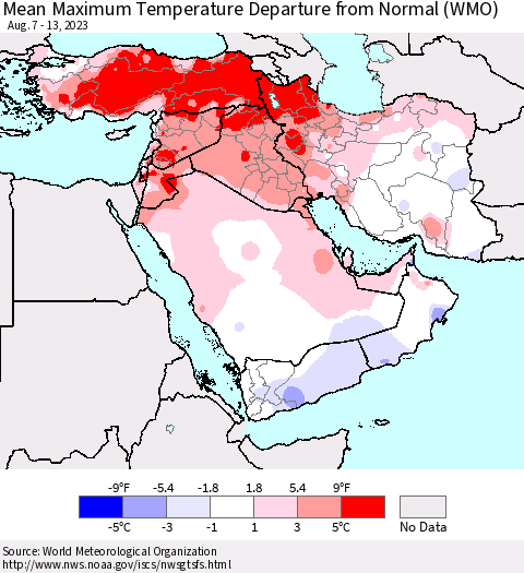 Middle East and Turkey Mean Maximum Temperature Departure from Normal (WMO) Thematic Map For 8/7/2023 - 8/13/2023