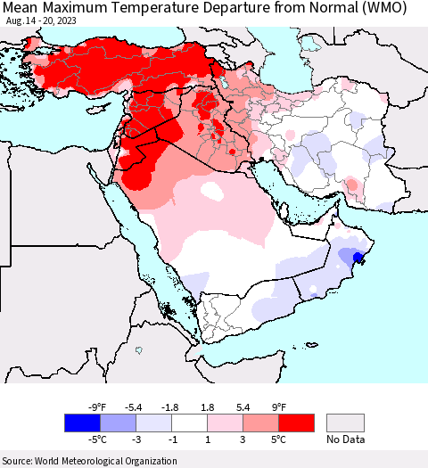 Middle East and Turkey Mean Maximum Temperature Departure from Normal (WMO) Thematic Map For 8/14/2023 - 8/20/2023