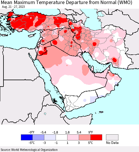 Middle East and Turkey Mean Maximum Temperature Departure from Normal (WMO) Thematic Map For 8/21/2023 - 8/27/2023