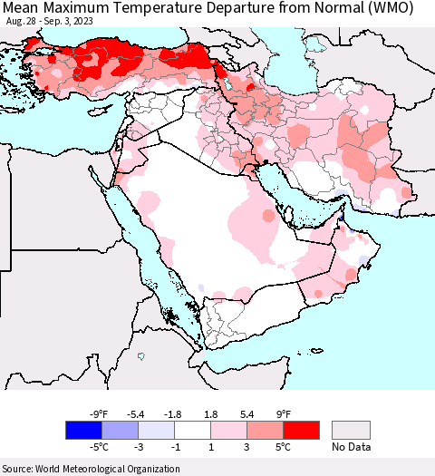 Middle East and Turkey Mean Maximum Temperature Departure from Normal (WMO) Thematic Map For 8/28/2023 - 9/3/2023