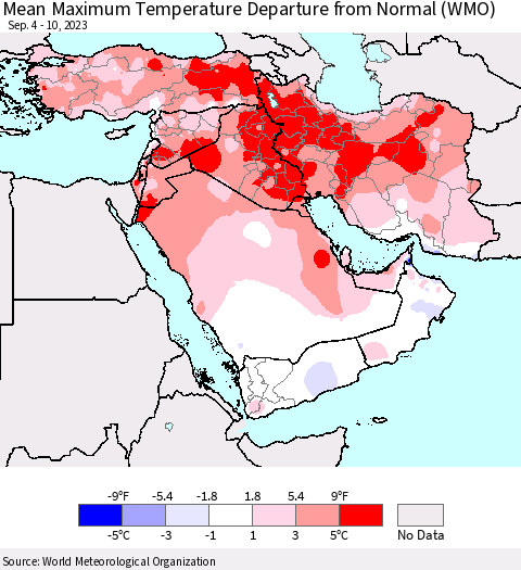 Middle East and Turkey Mean Maximum Temperature Departure from Normal (WMO) Thematic Map For 9/4/2023 - 9/10/2023