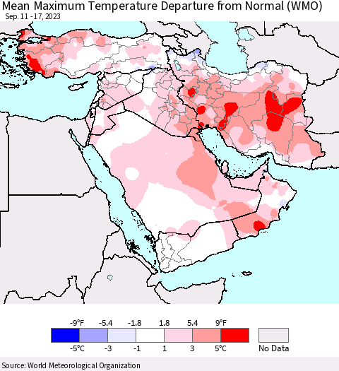 Middle East and Turkey Mean Maximum Temperature Departure from Normal (WMO) Thematic Map For 9/11/2023 - 9/17/2023