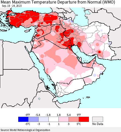 Middle East and Turkey Mean Maximum Temperature Departure from Normal (WMO) Thematic Map For 9/18/2023 - 9/24/2023