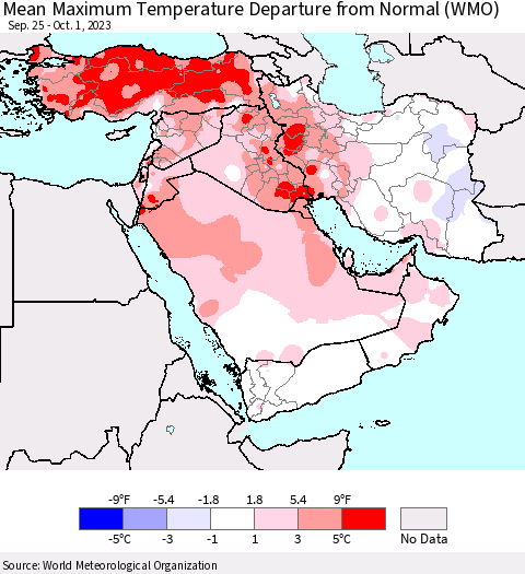 Middle East and Turkey Mean Maximum Temperature Departure from Normal (WMO) Thematic Map For 9/25/2023 - 10/1/2023