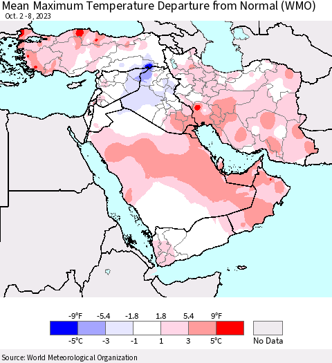 Middle East and Turkey Mean Maximum Temperature Departure from Normal (WMO) Thematic Map For 10/2/2023 - 10/8/2023