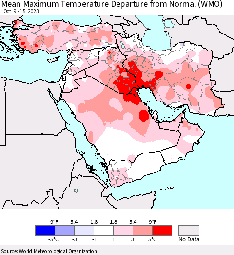 Middle East and Turkey Mean Maximum Temperature Departure from Normal (WMO) Thematic Map For 10/9/2023 - 10/15/2023