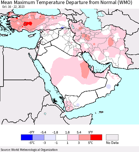Middle East and Turkey Mean Maximum Temperature Departure from Normal (WMO) Thematic Map For 10/16/2023 - 10/22/2023