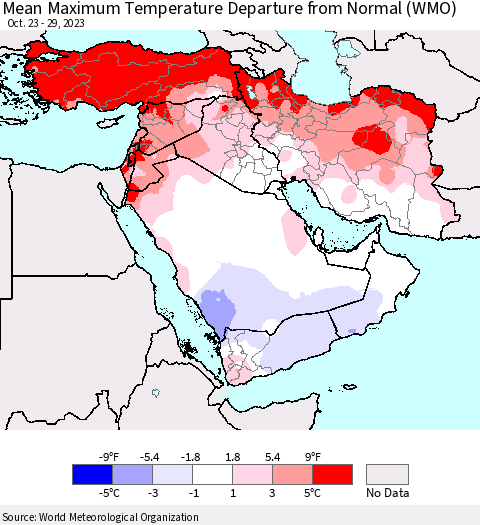 Middle East and Turkey Mean Maximum Temperature Departure from Normal (WMO) Thematic Map For 10/23/2023 - 10/29/2023