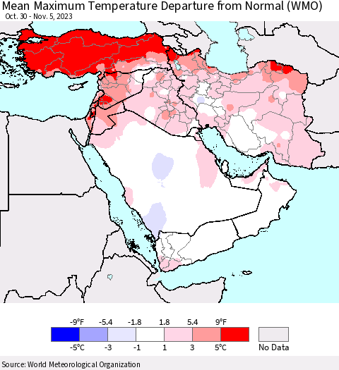 Middle East and Turkey Mean Maximum Temperature Departure from Normal (WMO) Thematic Map For 10/30/2023 - 11/5/2023