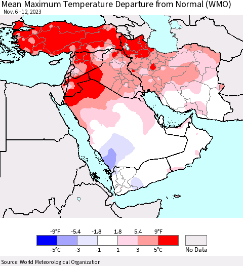 Middle East and Turkey Mean Maximum Temperature Departure from Normal (WMO) Thematic Map For 11/6/2023 - 11/12/2023