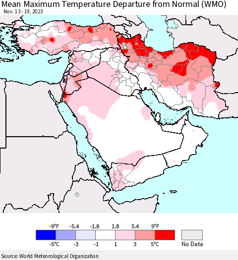 Middle East and Turkey Mean Maximum Temperature Departure from Normal (WMO) Thematic Map For 11/13/2023 - 11/19/2023